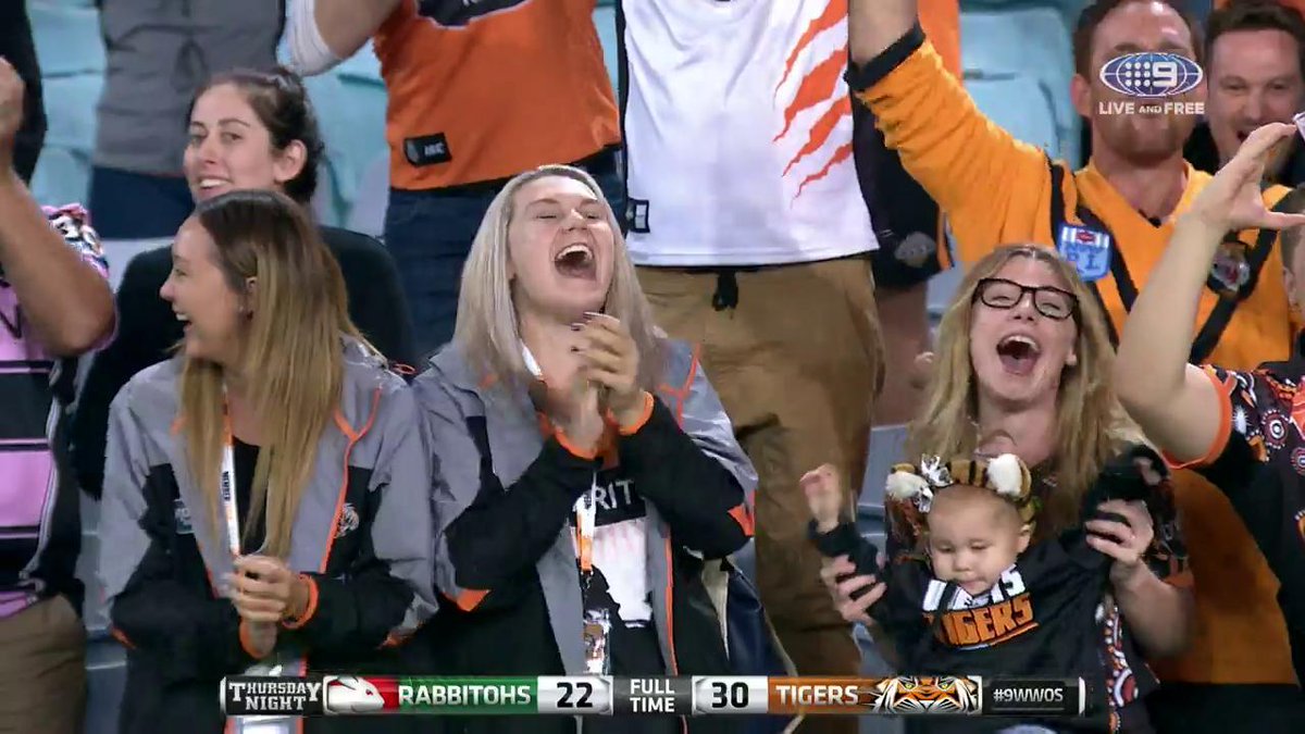 NRLonNine's tweet photo. The @WestsTigers fans are VERY HAPPY with tonight's win! 👊🐯🙏 RETWEET if you are too. #NRLSouthsTigers #9NRLFootyShow https://t.co/lt6ylfIkuw