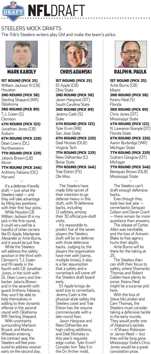 Real_RobRossi's tweet photo. Ask @MarkKaboly_Trib about these picks by @MarkKaboly_Trib staffers. Mkaboly@tribweb.com. #DraftChat #steelers https://t.co/EyI97VPhdB