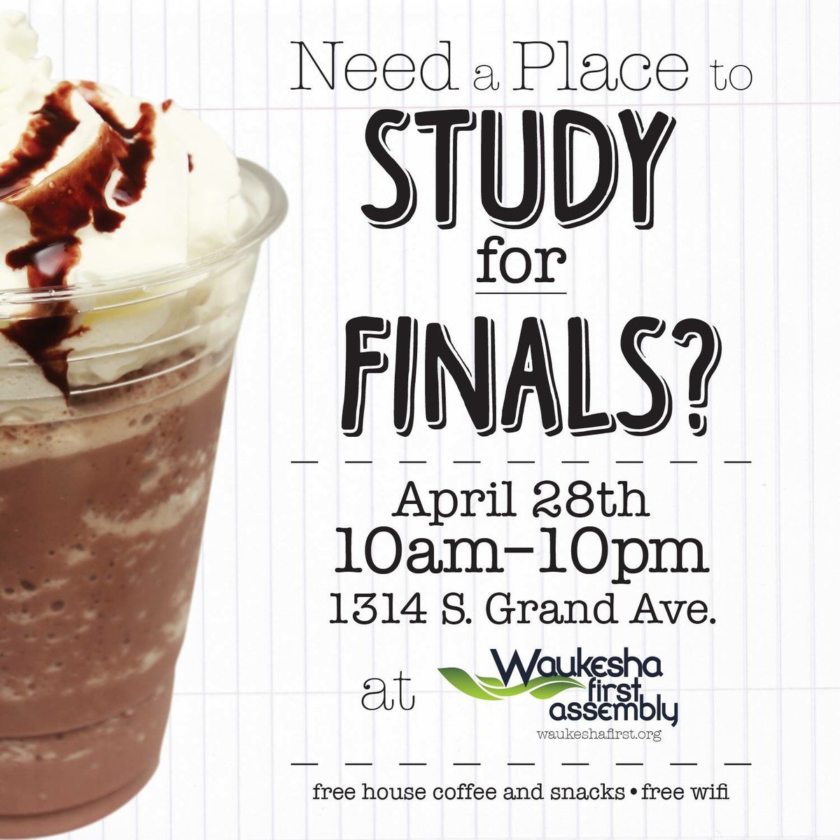 IVCFCarrollU's tweet photo. Succeed on Reading Day at Waukesha First Assembly. Free wifi, coffee, snacks. 10am-10pm come study. #finalsweek https://t.co/HdLEUGWme6