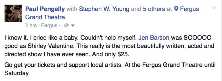 4thwallP's tweet photo. Review: #ShirleyValentine - TODAY at FergusGrandTheatre.ca - TKTS https://t.co/uaUEte7Ug6 https://t.co/5R5dSKdcOw