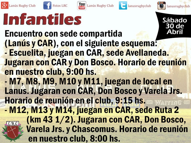 INFANTILES 
Actividad para el fin de semana <a href="/ArgentinoRugby/">Club Argentino Rugby</a> <a href="/RugbyDonBosco/">Don Bosco Rugby</a> @CvjrVarela <a href="/ChascomusRugby/">Atl. Chascomus-Rugby</a>