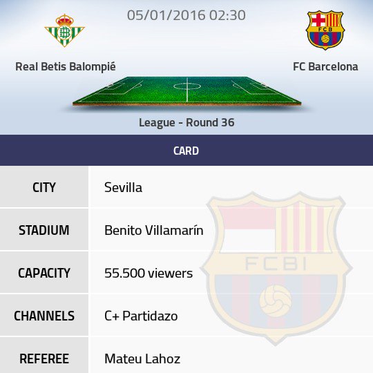 #NextMatch 
🏆#LigaBBVA Jornada 36
⚽ REAL BETIS vs FC BARCELONA
📆 01 Mei 2016
🕝 01.30 WIB
📺 <a href="/orangetv/">Football Hater</a>

#ForzaBarca