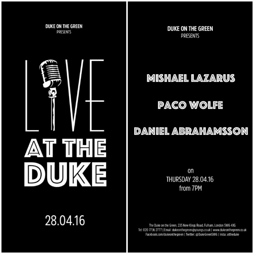 DukeGreenSW6's tweet photo. #Tonight #LiveAtTheDuke from 7pm! Don't miss out! Such an amazing line up @PacoWolfe @mishaellazarus @abrahamwinter https://t.co/mS4gpY4DpN