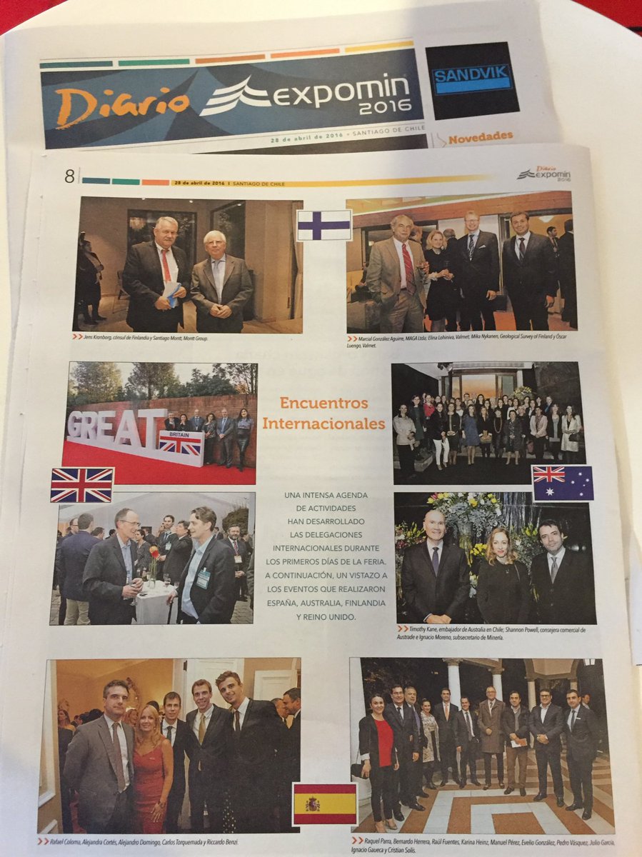GeologyLeics's tweet photo. Toby White @toby251 networking at @UKinChile reception at #Expomin2016 recorded in the convention newspaper https://t.co/FVXkQp1lXU