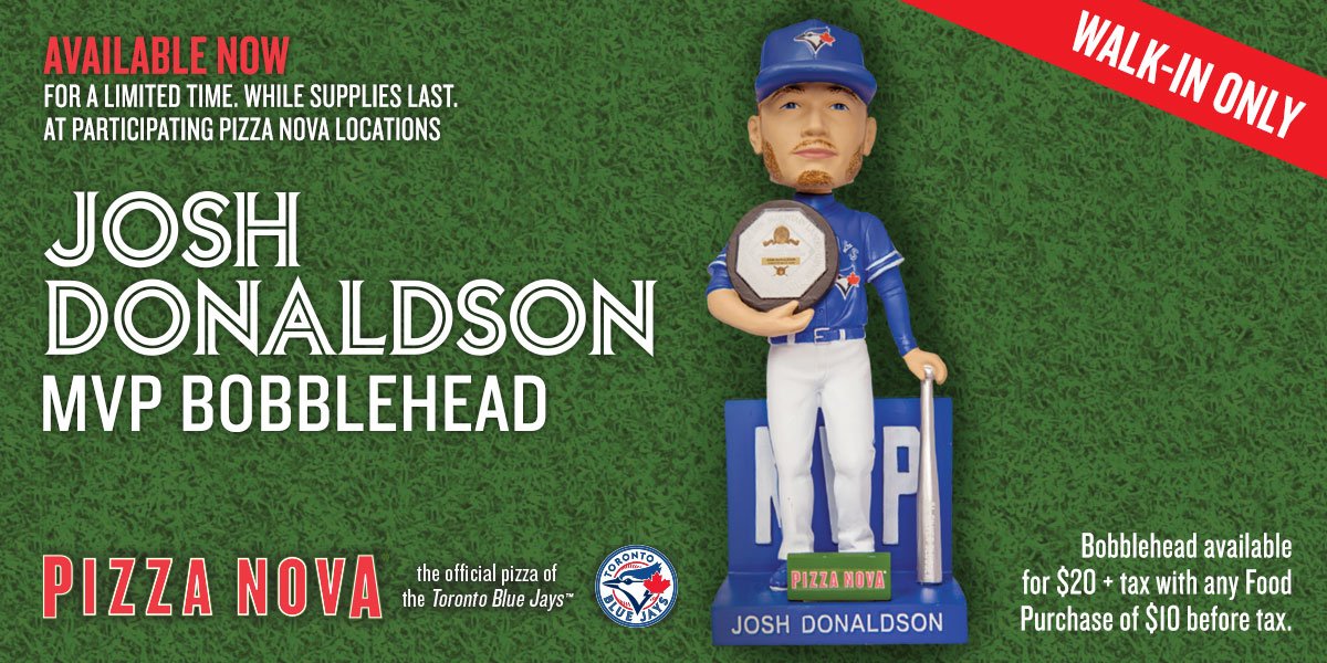 PizzaNova's tweet photo. Participating #PizzaNova locs are now selling #JoshDonaldson bobbleheads $20 w/ a food purch of $10! Walk in only! https://t.co/YiKZX5jHvQ
