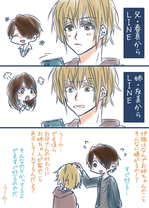 先程のアンケご参加ありがとうございました～!
てことで雑で申し訳ないですが大和田家をどうぞ(*'▽`*)

態度に出やすい末弟と、気にしてない姉。と反抗期が無かった二番目。 