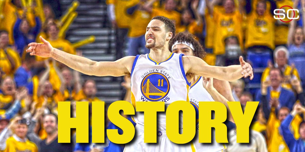 SportsCenter's tweet photo. Klay Thompson became the 1st player in NBA history to make at least 7 3-pointers in consecutive postseason games. https://t.co/IzKYQjejcW