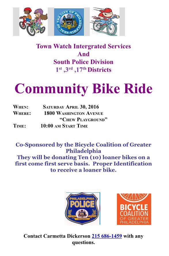 PPD03Dist's tweet photo. Town Watch Integrated Services COMMUNITY BIKE RIDE this Saturday, 4/30/16 at 10am, 18th &amp; Washington Ave. https://t.co/o9Txa0pPKX
