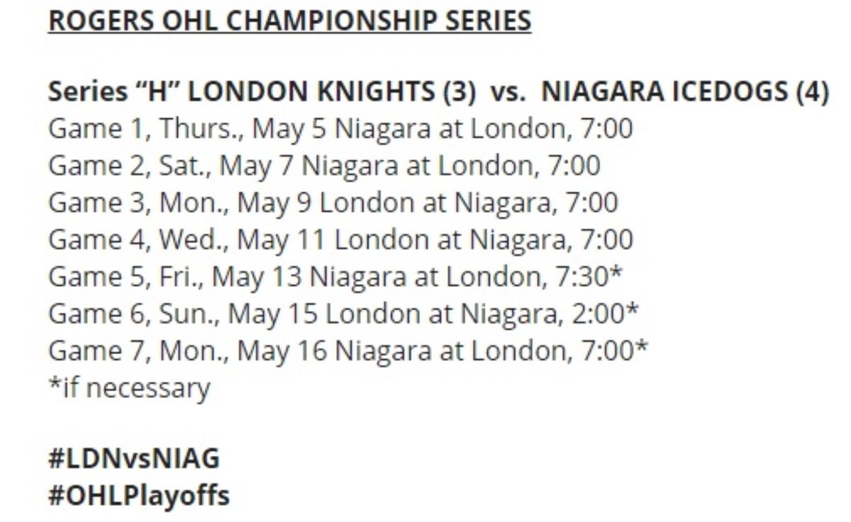 #OHL Finals schedule- Niagara IceDogs vs London Knights #JRossRobertsonCup