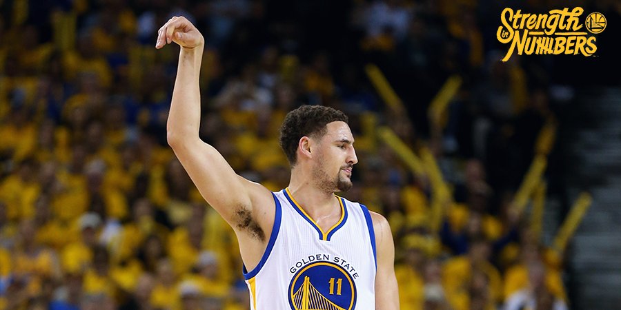 warriors's tweet photo. .@KlayThompson is the first player in NBA history to hit 7+ threes in back-to-back playoff games ☔ #SPLASH https://t.co/s5E4vk1q3u