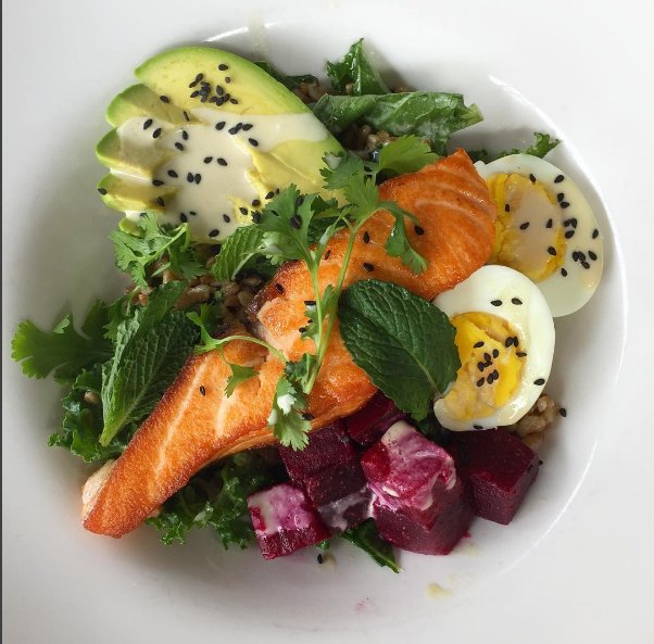 CafeColetteBK's tweet photo. Seared Salmon Bowl, new today! Toasted Farro, Avocado, Egg, Kale, Beets, Tahini. 💥 #cafecolette #grainbowl https://t.co/Ew7GtXRG7y