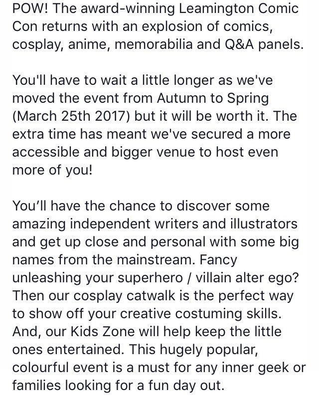 LeamComicCon's tweet photo. ICYMI - @LeamComicCon returns on Saturday 25th of March 2017 at the @spacentre! #RT #LeamCon #LCC #LoveLeam https://t.co/c7Gdm1BpPn