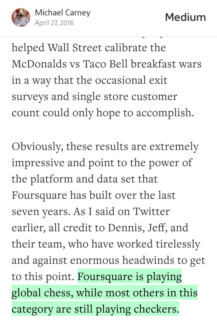 “…Foursquare is playing global chess, while most others in this category are still playing checkers.” from “So you want to build a data business? Play the long game” by Michael Carney.