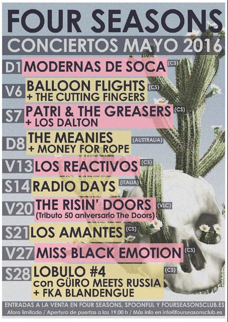 PROGRAMACIÓN MAYO en <a href="/FourSeasonsClub/">Four Seasons Club</a> <a href="/BFlights/">Balloon flights</a> <a href="/losreactivos/">Los Reactivos</a> #Radiodays <a href="/mbecastellon/">Miss Black Emotion</a> <a href="/cuttingfingers/">The Cutting Fingers</a> y mucho más!