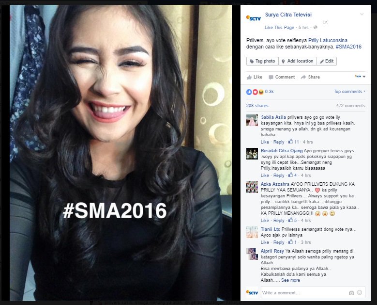 SCTV's tweet photo. Ternyata selfie dengan likes terbanyak di fanpage SCTV diraih oleh @PrillyBie! #SMA2016 https://t.co/WiIhDOm6DZ