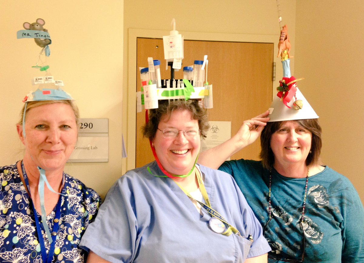 RMeunierMD's tweet photo. Celebrating #Labweek with crazy hat day! Made from slides, test tubes, and other lab supplies #labfie @Pathologists https://t.co/x7sYdRSz7r