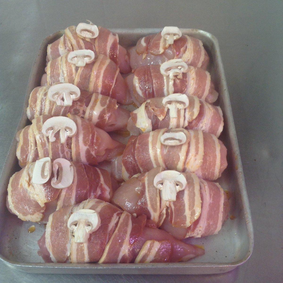 Tomorrow's special.
Chicken breast stuffed with mushroom &amp; blue cheese sauce wrapped in smoky streaky bacon. Yummy !