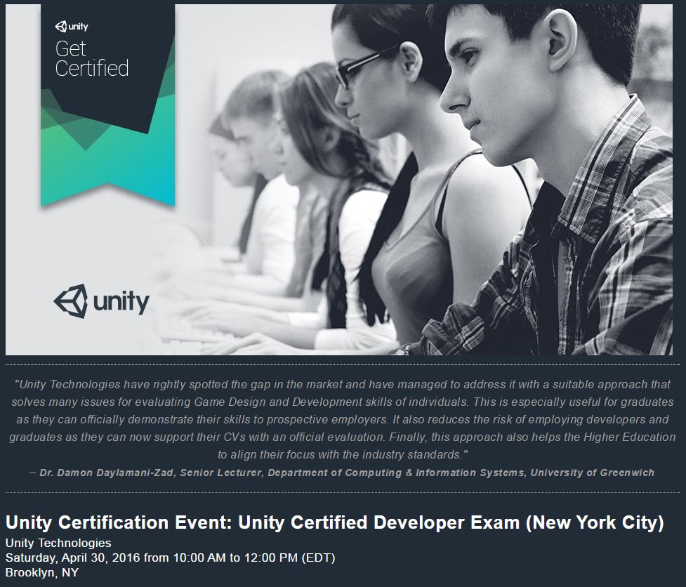 MostEpicWeekend's tweet photo. Make your day epic with the Unity Certification!!! @unity3d @nycvru @carlunity @lexunity @ucardboardvr #mostepic #VR https://t.co/TqU9Dq35vy