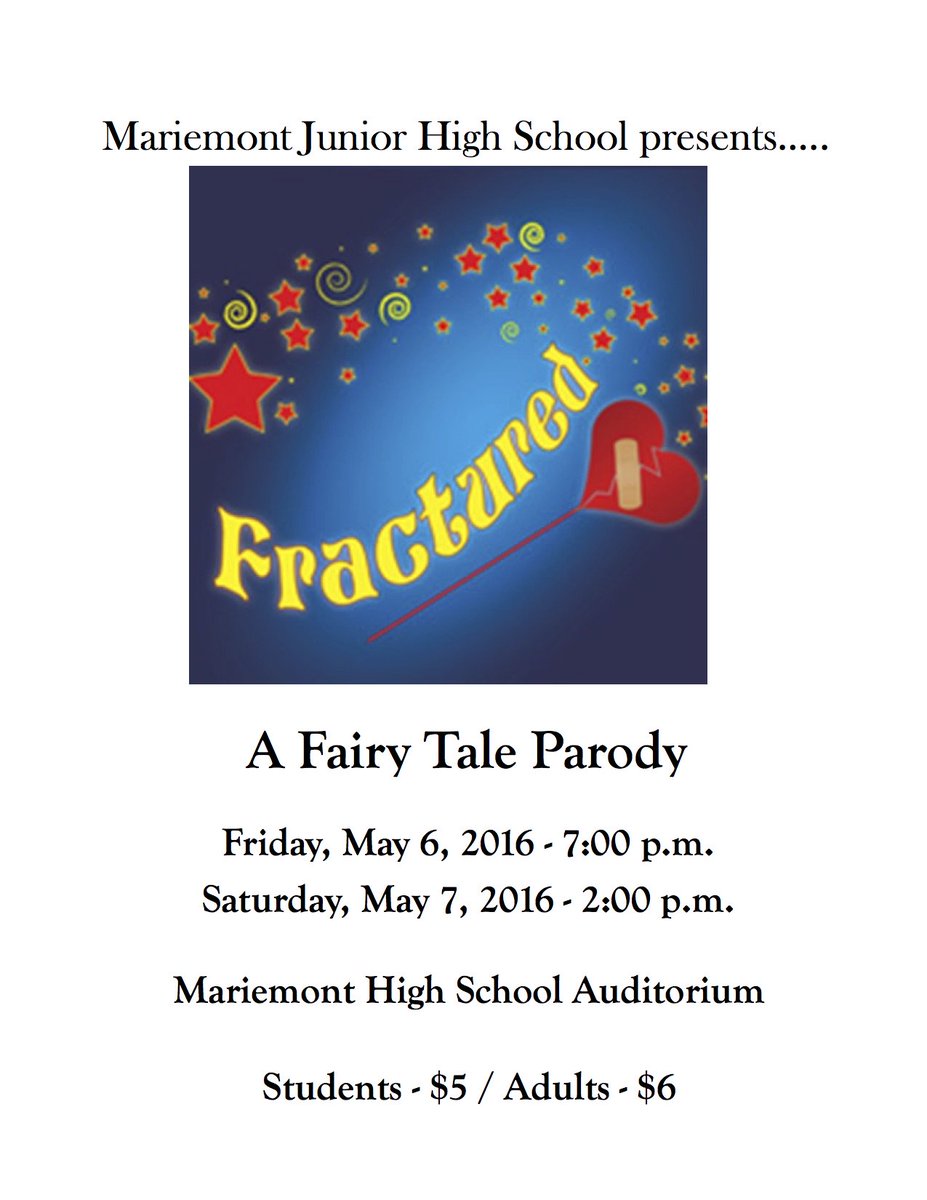 MariemontSchool's tweet photo. Join us for the #Mariemont JH #fairytaleparody "Fractured"! https://t.co/zSybFfVD6d @MJHSConnaughton @MariemontArts https://t.co/k0TdPq1AVZ