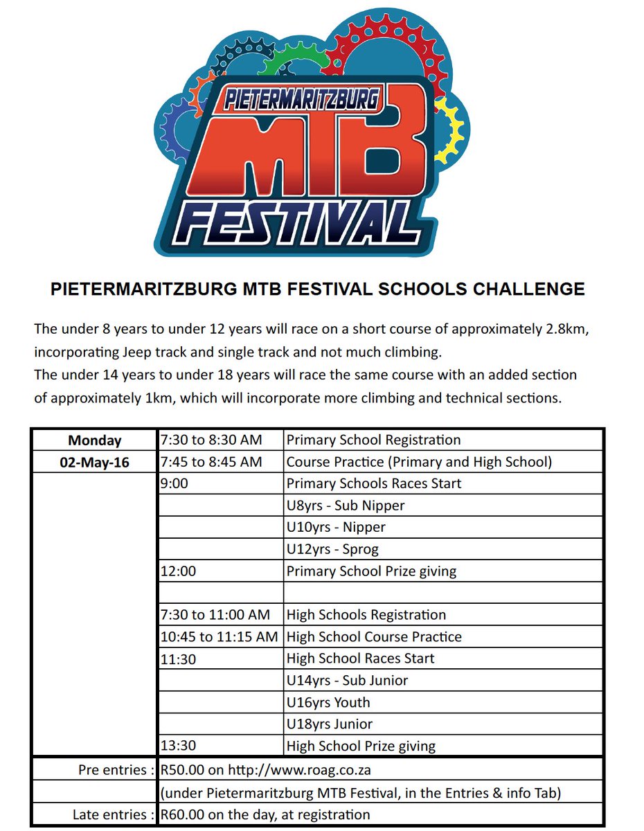 Cycling_SA's tweet photo. #PMBMTBFEST Schools Challenge Programme for Monday 2 May. More event info can be found here: https://t.co/uSk7B2lrB5 https://t.co/PBJpiy2M4r