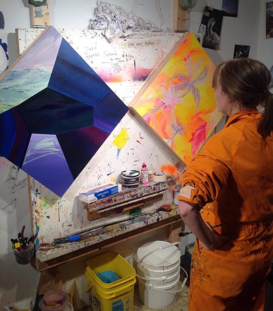 producerpassion's tweet image. A Jenn and two paintings. #firstlayer #studiolife by hermeticferns