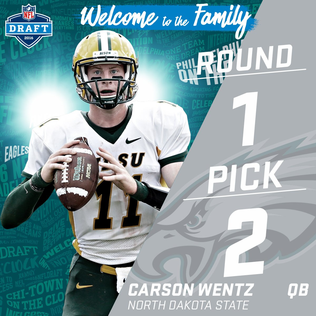 NFL's tweet photo. With the #2 pick in the 2016 #NFLDraft, the @Eagles select Carson Wentz! https://t.co/AMwEYDNaA9