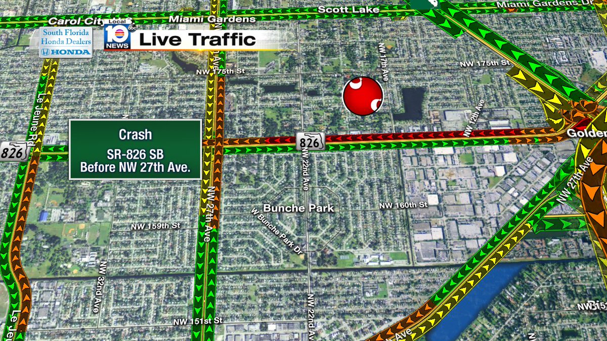 CRASH: SR-826 SB & NW 27th Ave. Delays stretching back to I-95/US-441.  #TRAFFIC #MIAMI https://t.co/Rv1y9DytvK