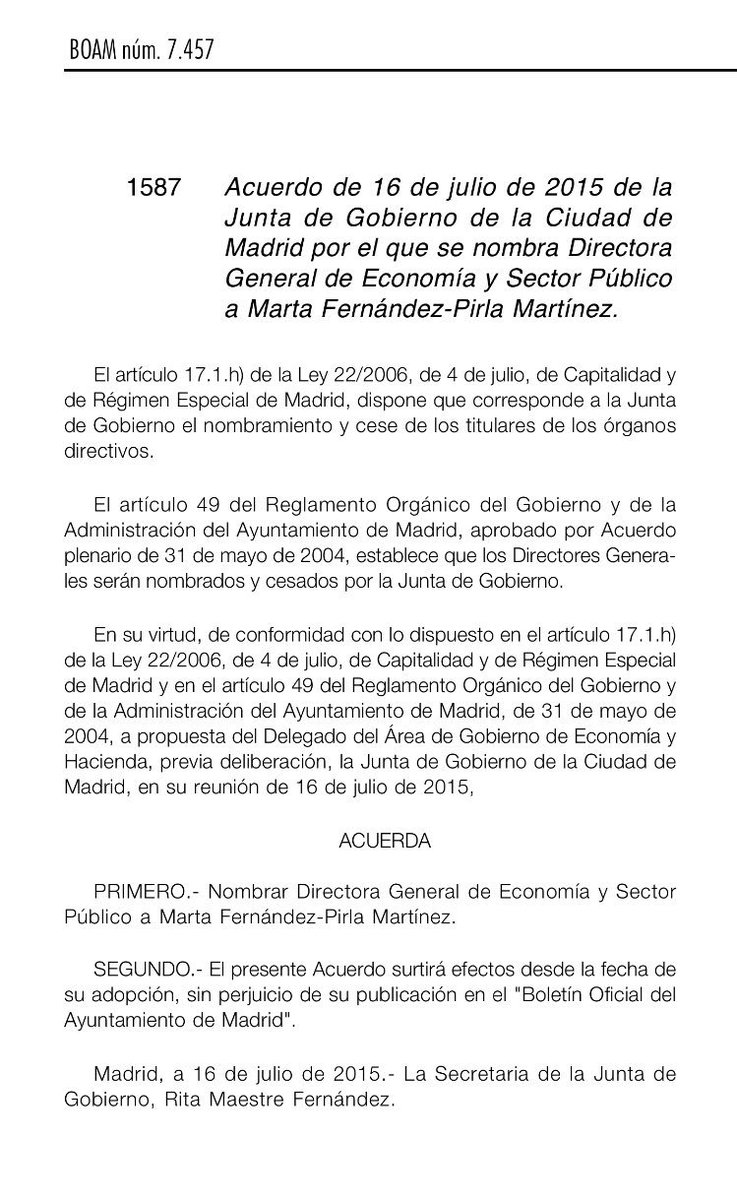 ppmadrid's tweet photo. Hola, @AhoraMadrid. Os dejamos el nombramiento de Marta Fernández-Pirla firmado por Maestre en 2015. Buenas noches 😂 https://t.co/UomPFxf6Ln