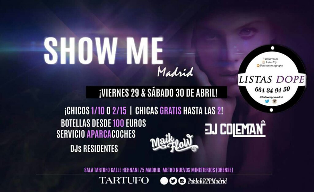 DopeListasZoo's tweet photo. Ven mañana a SHOW ME !

CHICOS 1x10€ o 2x15€
CHICAS GRATIS hasta las 2h

📝 LISTAS DOPE: 664 34 94 50 WHATSAPP https://t.co/ajnEPQFu97