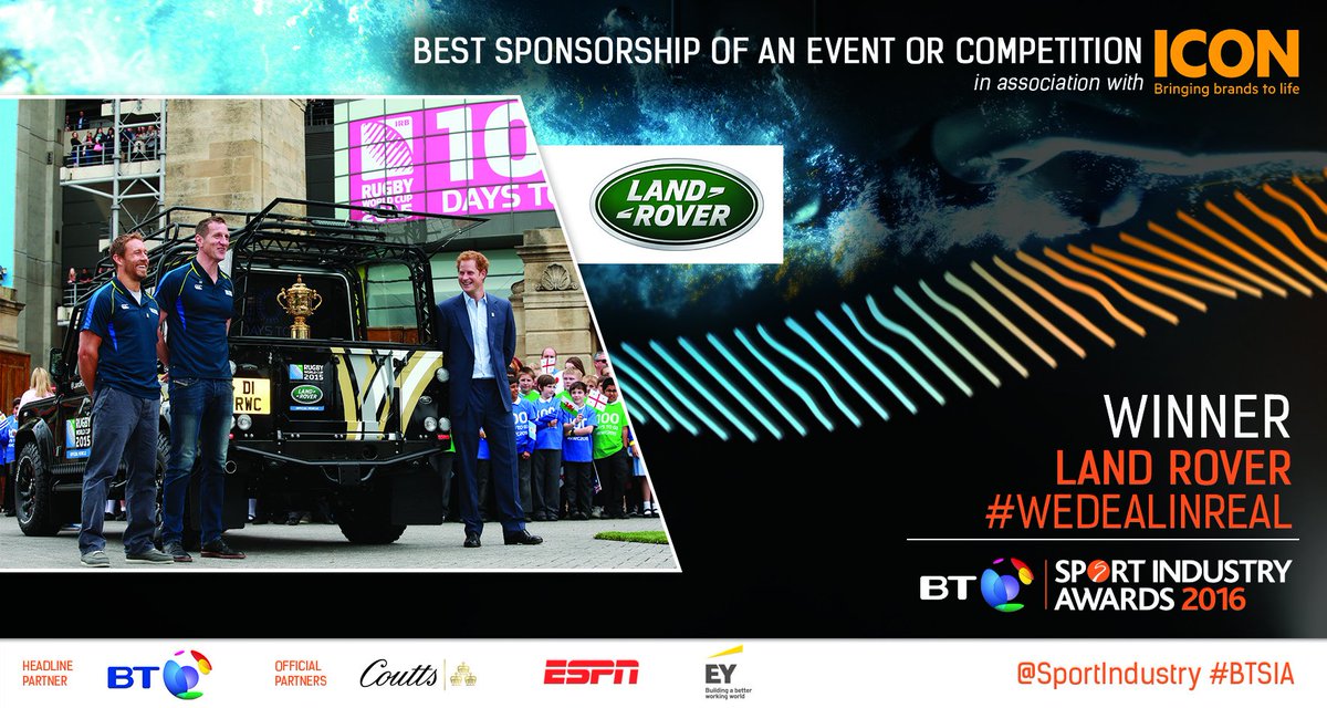 SportIndustry's tweet photo. WINNER: Best Sponsorship of an Event or Competition with @ICON_HQ 🍾

@LandRover for #WeDealInReal 🏉

#BTSIA https://t.co/zKN2Trmxs5