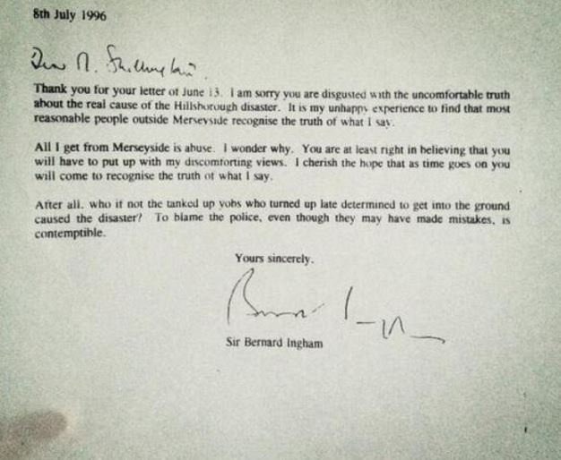bbcquestiontime's tweet photo. Margaret Thatcher's Press Secretary Bernard Ingham wrote this letter to Liverpool fan Graham Skinner in 1996 #bbcqt https://t.co/5vXhmLAjHv