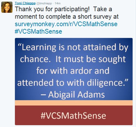 lsparks262's tweet photo. Gr8 chat! It is always AWESOME to spend time with Ts. Remember to take the survey! Thxs! :o) #VCSMathSense https://t.co/EeSBHNqIRb