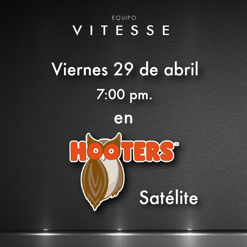 Vitesse_Racing's tweet photo. Amigos satelucos los invitamos el día de mañana a las 7:00pm para convivir con nuestros pilotos en Hooters #Satélite https://t.co/SsaJ9dF77G