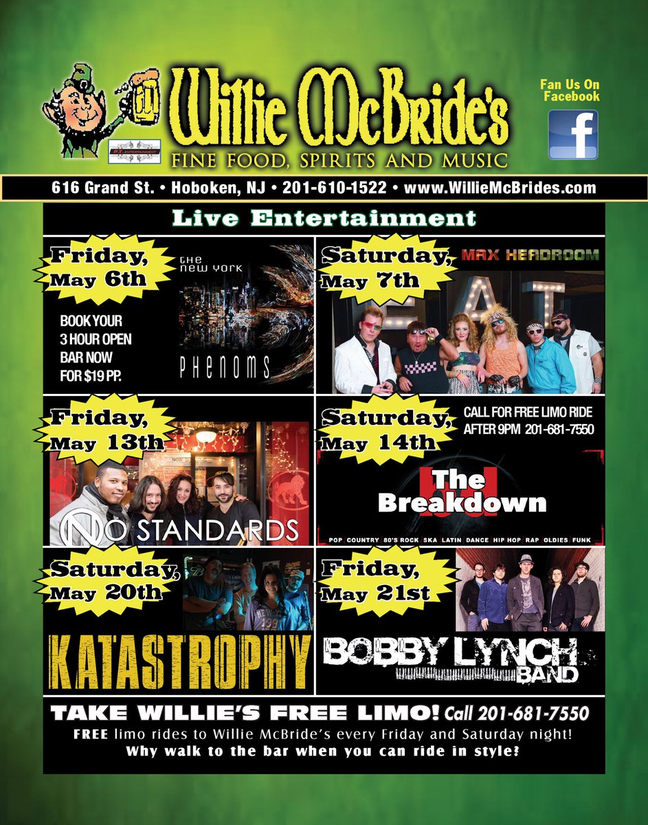 McbridesWillie's tweet photo. May band line up!! #coverbands #livemusic #hoboken #dancefloor #freelimoride #willies #beer #notsummeryet https://t.co/oSwWsNoEcN