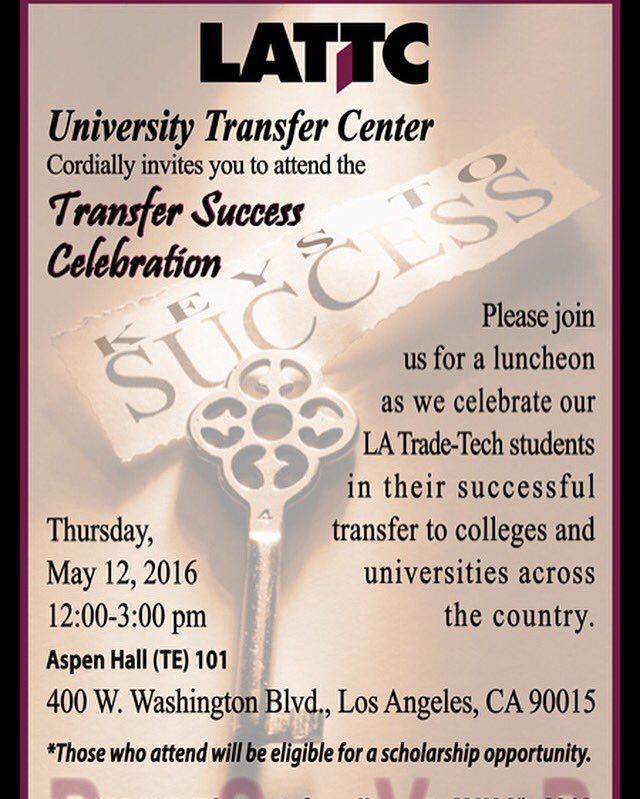lattccares's tweet photo. Our 2016 Transfer Success Celebration is approaching! See flyer 4 info. #ClassOf2016

RSVP @  lattc.utc@gmail.com https://t.co/UAkBHGLdov