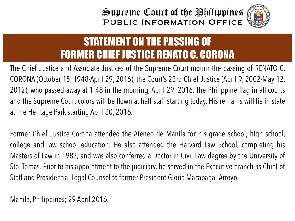 LOOK: SC's statement on the passing of Former Chief Justice Renato C. Corona  | via <a href="/SCPh_PIO/">Philippine Supreme Court Public Information Office</a>