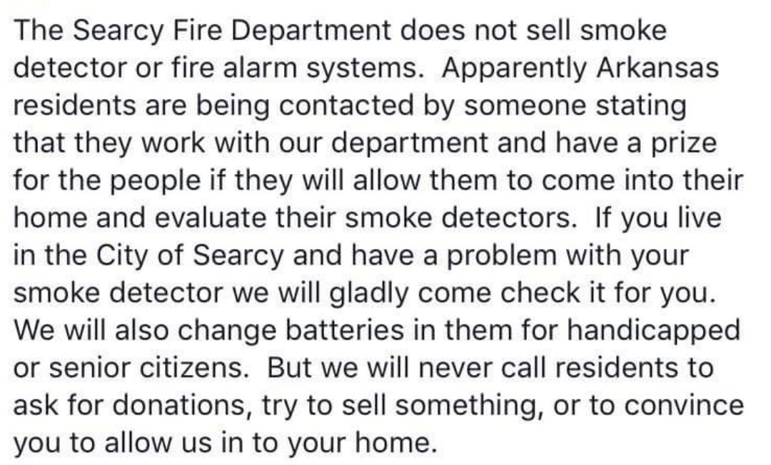 SearcyPD's tweet photo. A message from the #Searcy #Fire #Department #scamalert https://t.co/nsZSq27WbQ