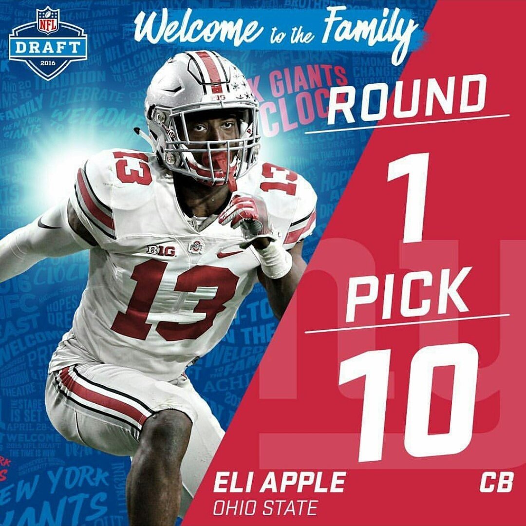 FBUcamp's tweet photo. With the 10th overall pick in the 2016 #NFLDraft, the #Giants select Football University alum Eli Apple. 🍎🗽 https://t.co/OLMMMT45CH