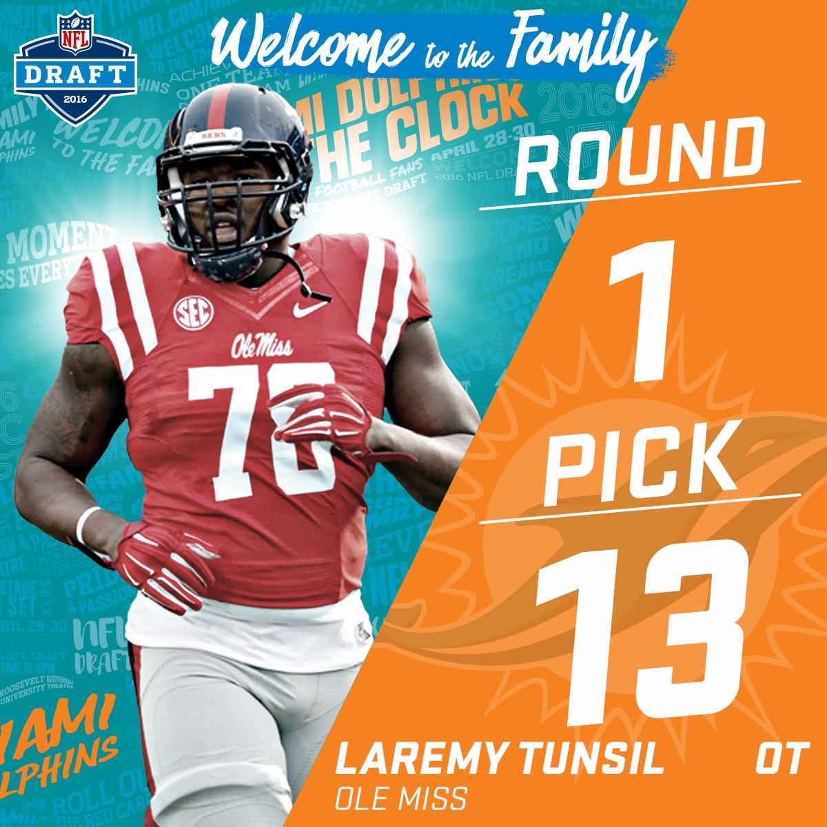 NFL's tweet photo. With the #13 pick in the 2016 #NFLDraft, the @MiamiDolphins select OT Laremy Tunsil. https://t.co/JBgtrpLet1