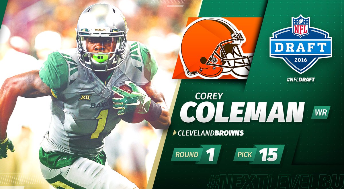 Congratulations, <a href="/TheCoreyColeman/">Corey Coleman</a>! Selected No. 15 overall by the Cleveland <a href="/Browns/">Cleveland Browns</a>. #NextLevelBU #NFLDraft