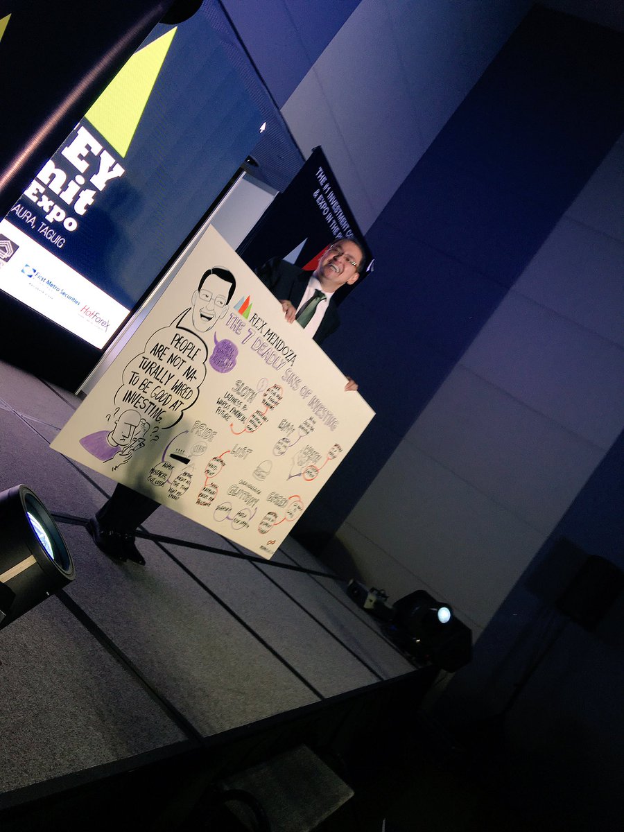 PushpinVisuals's tweet photo. First speaker Rex Mendoza holds up our visual summary of his talk on the 7 Deadly Sins of Investing #MoneySummit https://t.co/7lUPbSArJE