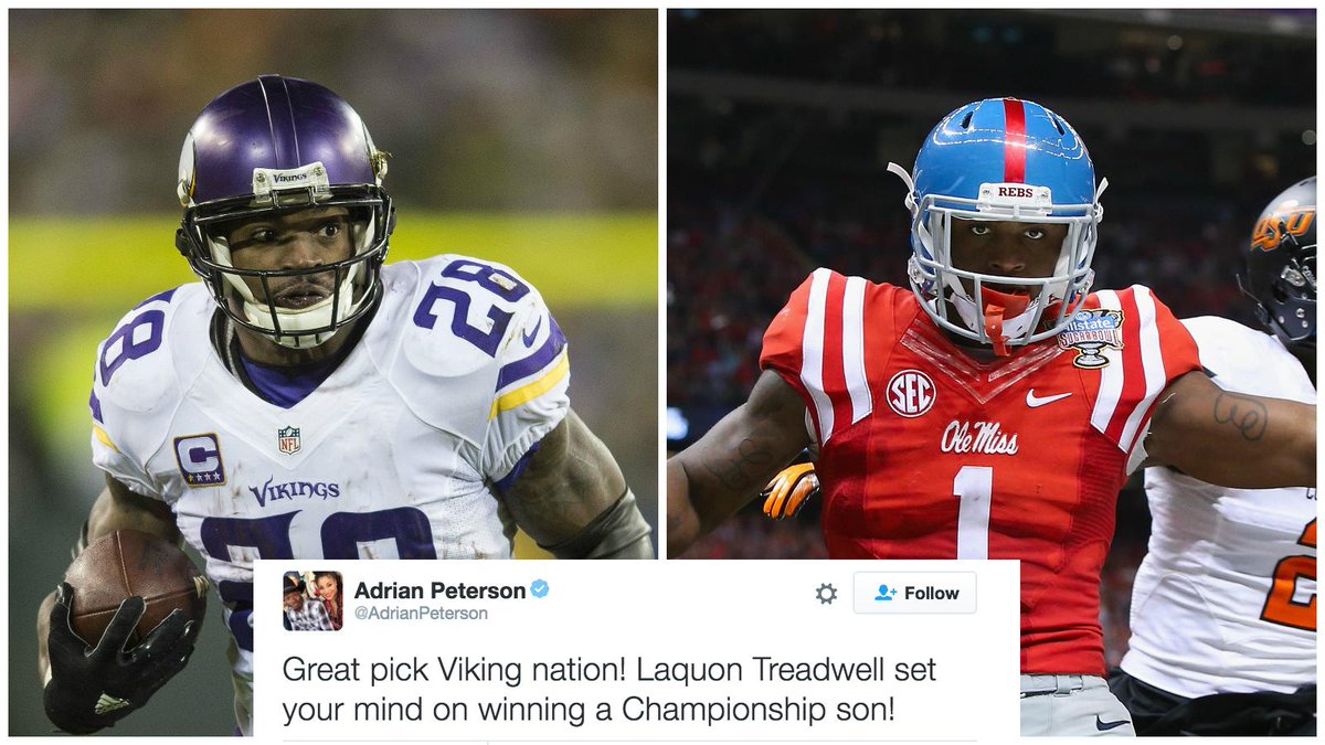 SportsCenter's tweet photo. Adrian Peterson is stoked to have Laquon Treadwell in Minnesota. https://t.co/OGTYByFIqG