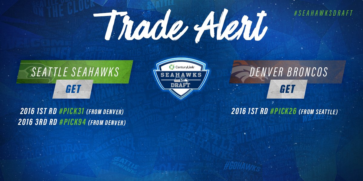 Seahawks's tweet image. 🚨 TRADE ALERT 🚨

We get: #Pick31 (R1) #Pick94 (R3)
@Broncos get: #Pick26 (R1)