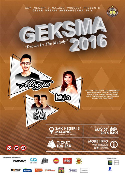 #Malang <a href="/GEKSMA/">GEKSMA 2017</a> "Drown In The Melody". 7 Mei 2016 at SMKN 3 | HTM 25k. More info >>> acaraapa.com/geksma-2016/