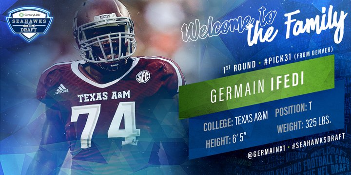 Seahawks's tweet image. With #Pick31 (from @Broncos), #SeahawksDraft @AggieFootball Tackle @GermainX1! 

Welcome to the family!