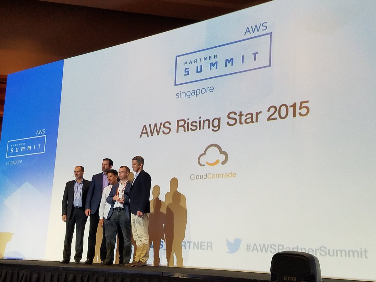 Many congrats to the AWS Rising Star Partner 2015, <a href="/cloudcomrade/">Cloud Comrade</a>! #AWSPartnerSummit Singapore