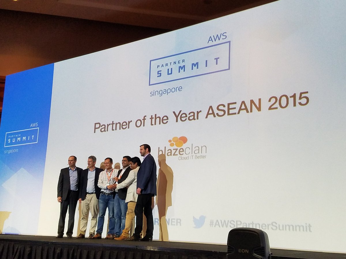 Congratulations to the Partner of the Year ASEAN 2015, <a href="/cloudITbetter/">Blazeclan</a>! #AWSPartnerSummit Singapore