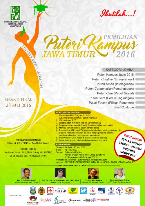 Pemilihan Puteri Kampus Jatim 2016 | Pendaftaran s/d 20 Mei 2016 @ UNTAG Surabaya | CP: 0818510284 / 08121672797