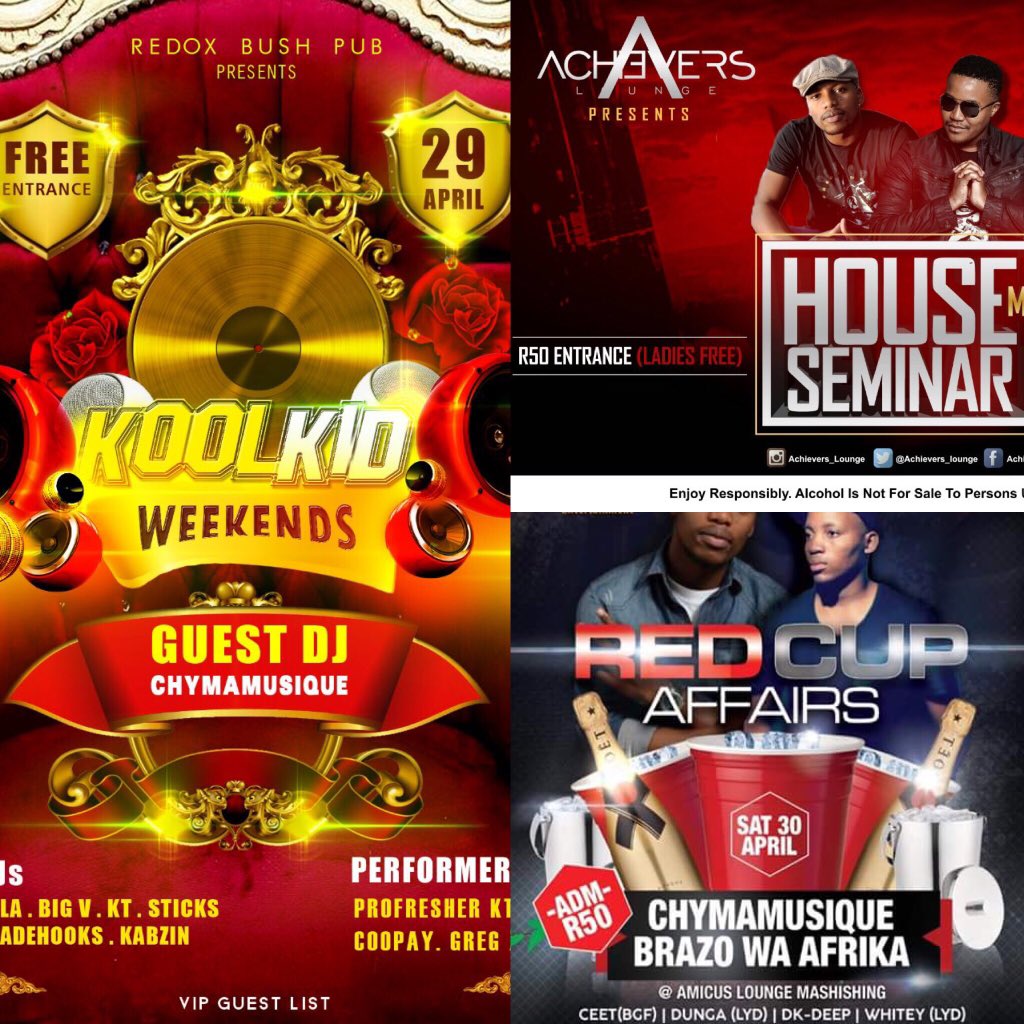 Chymamusique's tweet photo. My Gig Guide:
Mafikeng (Redox)
Witbank (Achievers)
Lydenburg (Amicus)
Braamfontein (Kitcheners)
#BlessedWeekendFam https://t.co/ZwEXPHtFir