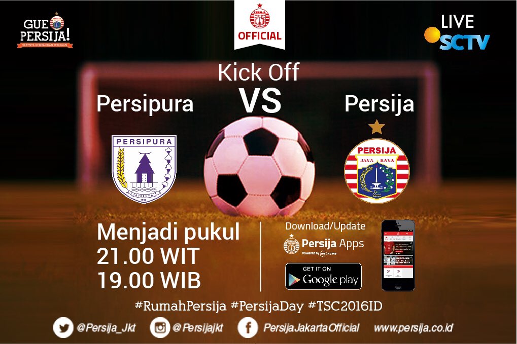 Persija_Jkt's tweet photo. Today is #PersijaDay ! 
Persipura vs PERSIJA 
Stadion Mandala Jayapura
Kickoff 19.00 WIB live @SCTVSports #TSC2016ID https://t.co/bYGogTqis7